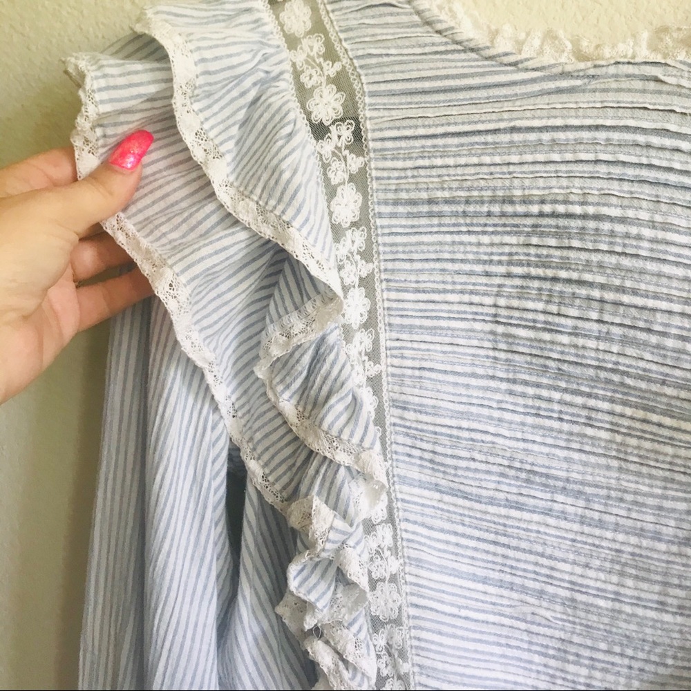 Free People Ruffle Stripe Lace Blouse Top - Picture 4 of 8